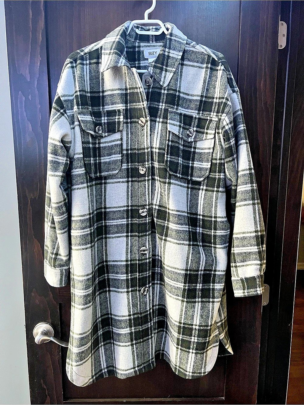 Suzy Shier Long Plaid Shacket with Flap Pockets - oversized large